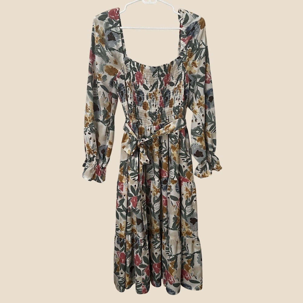 Simplee Floral Smocked Maxi Dress XL Square Neck Long Sleeve Tiered Boho Rust
